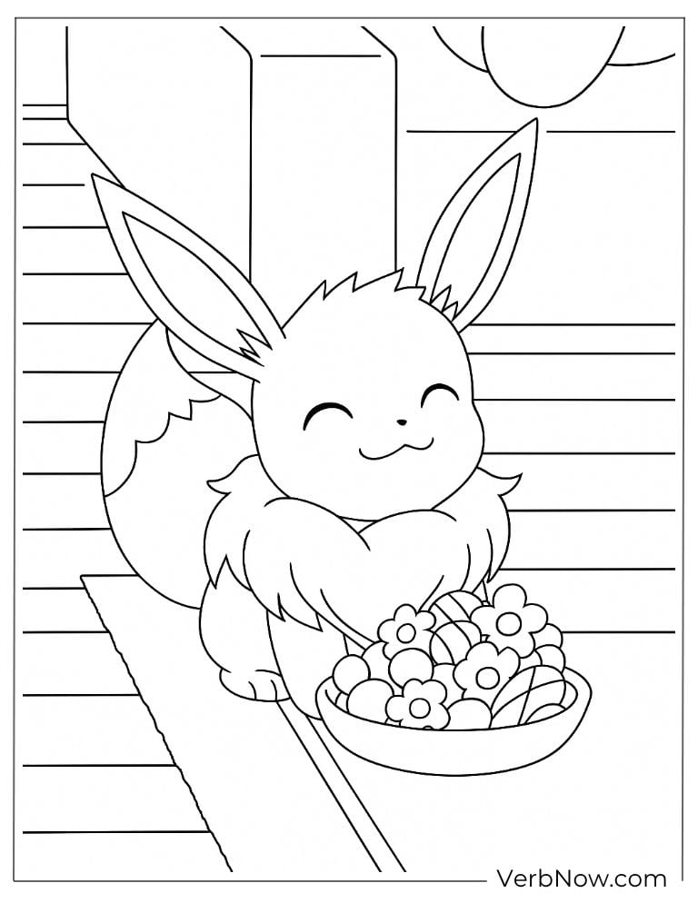 Happy Eevee sitting with a bowl of flowers