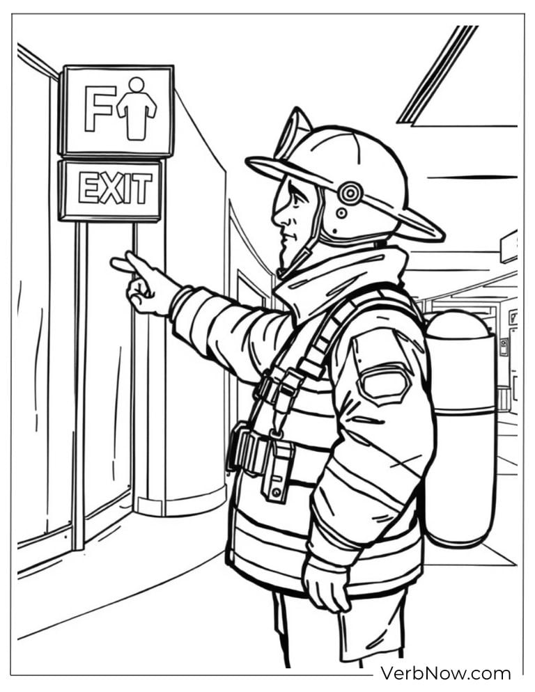 A fireman points to an emergency exit sign