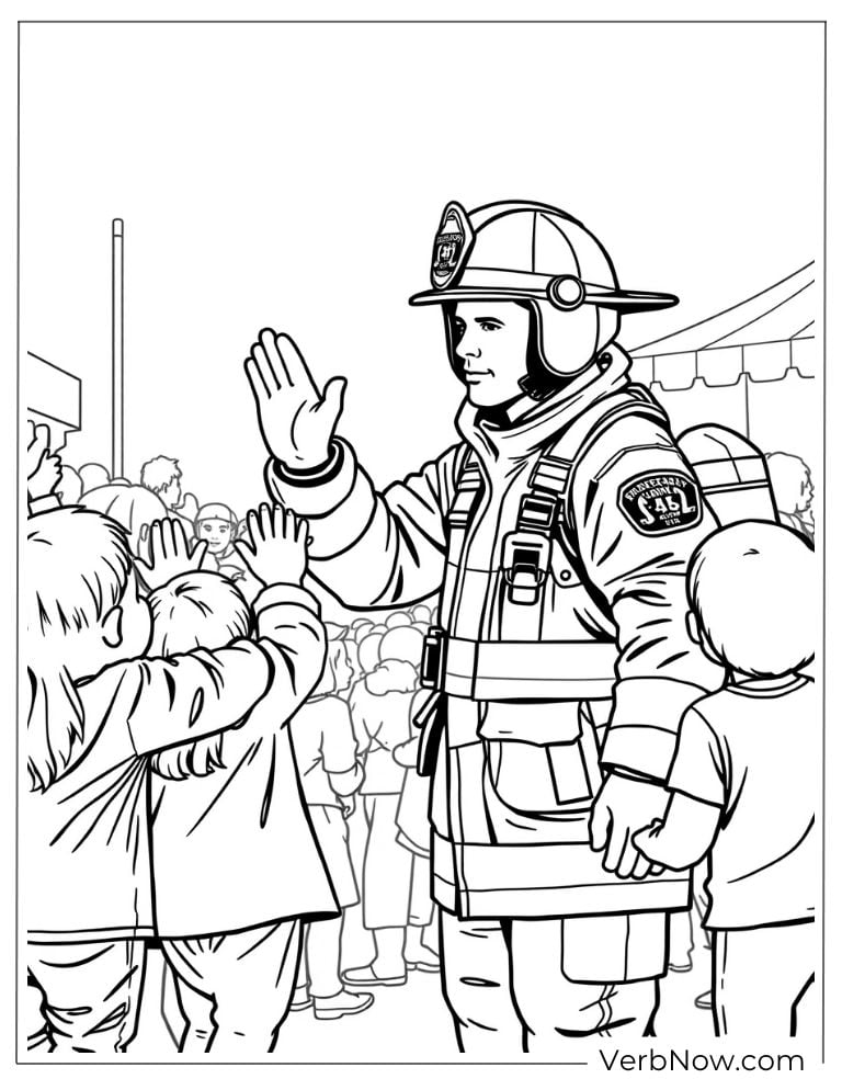 Coloring page of a fireman waves to a crowd