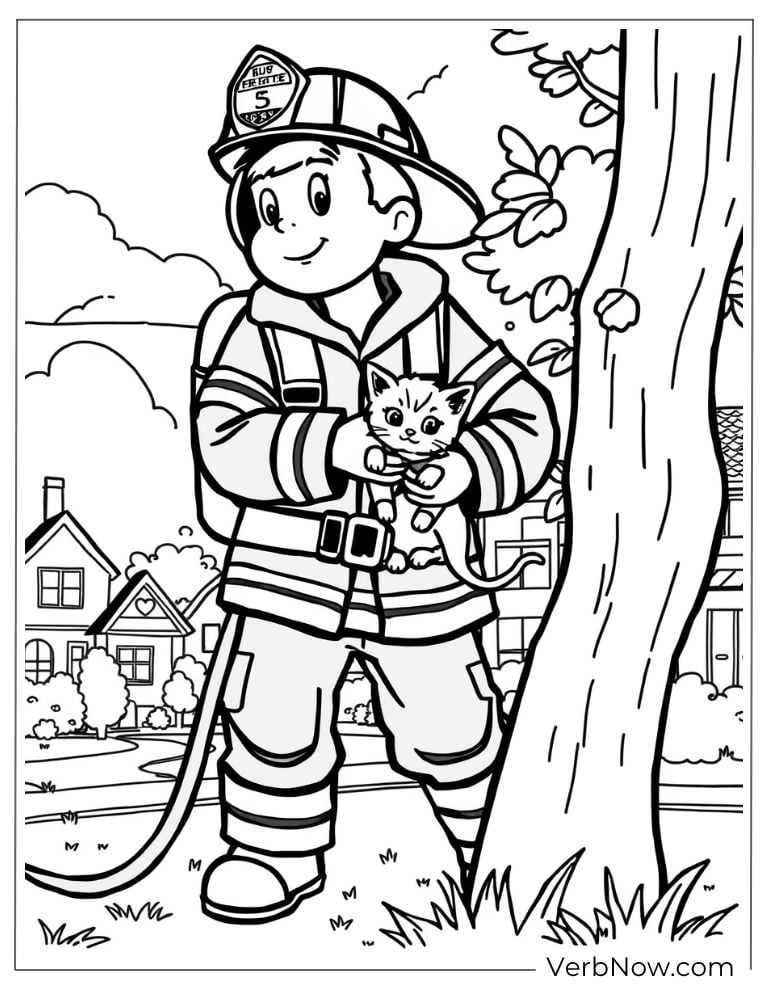 A smiling fireman rescues a kitten