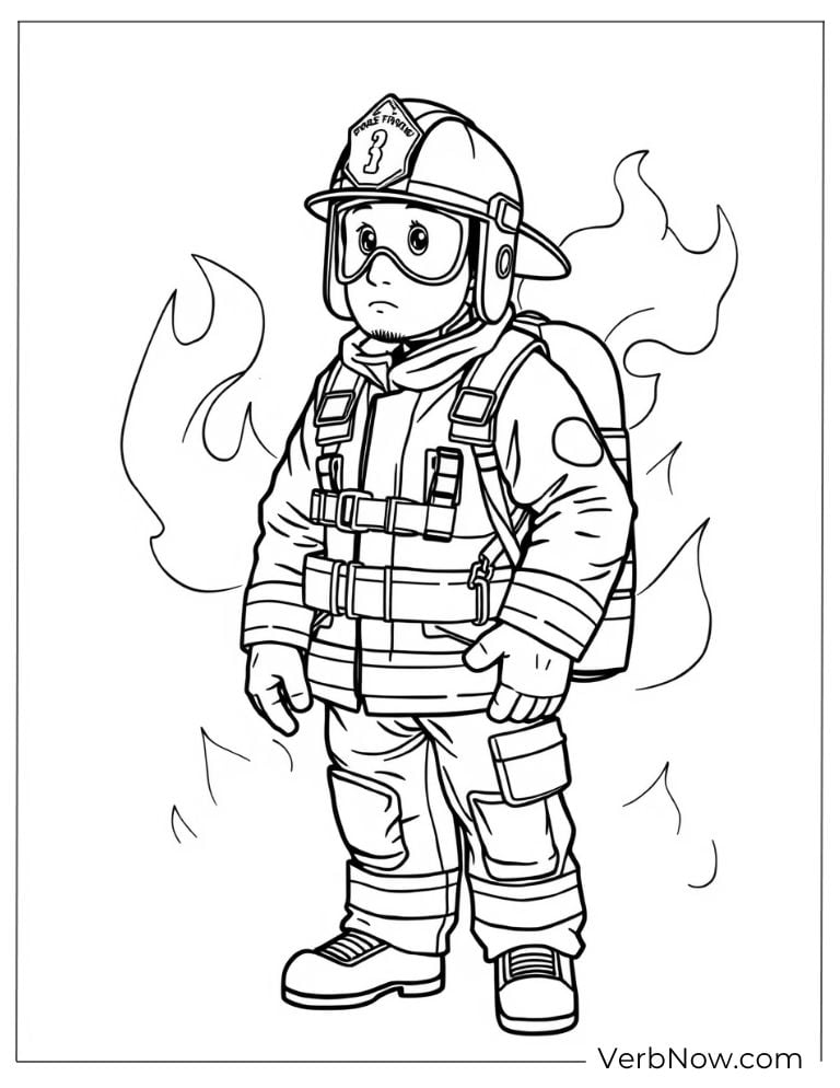 A fireman stands bravely with flames rising behind him