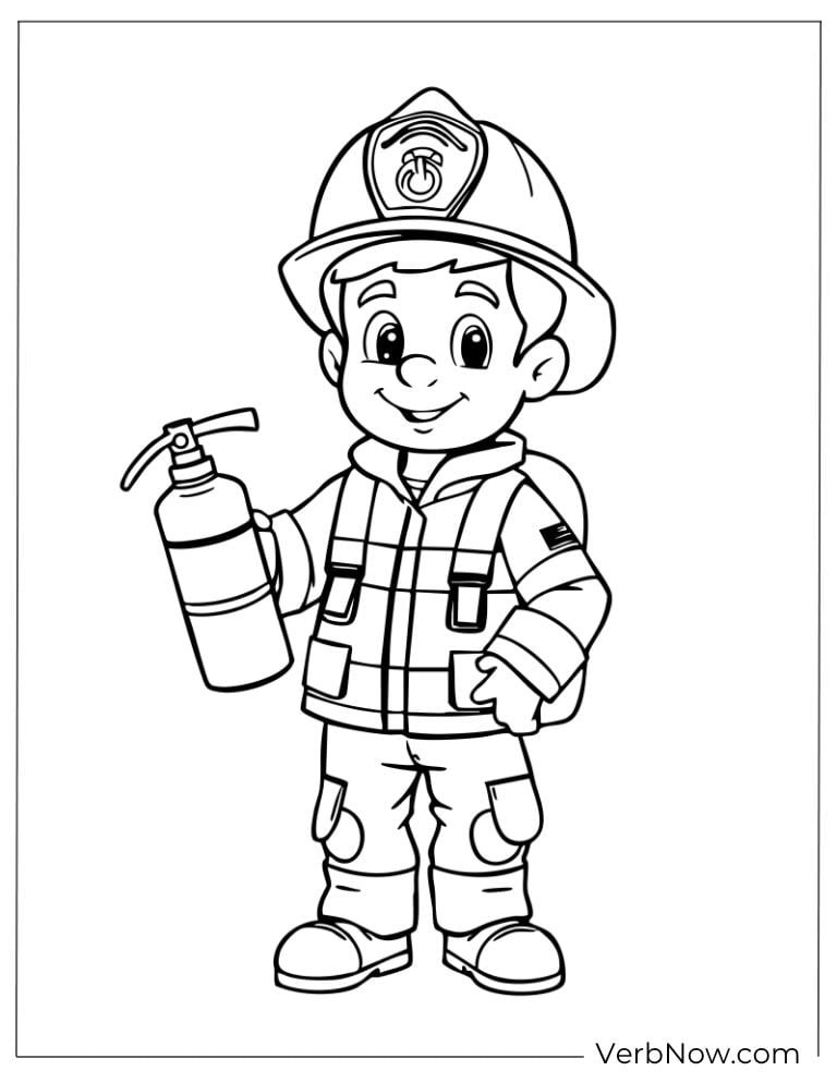 Cheerful young fireman holds a fire extinguisher