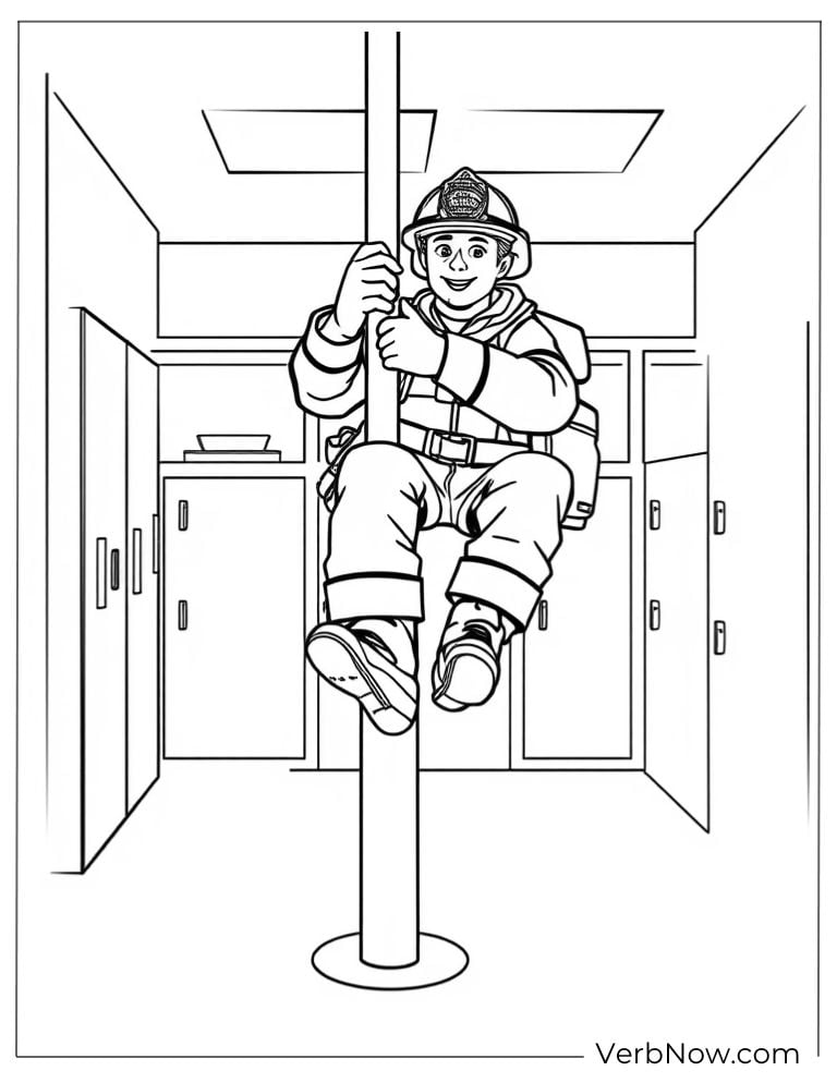 Fireman slides down a pole coloring page
