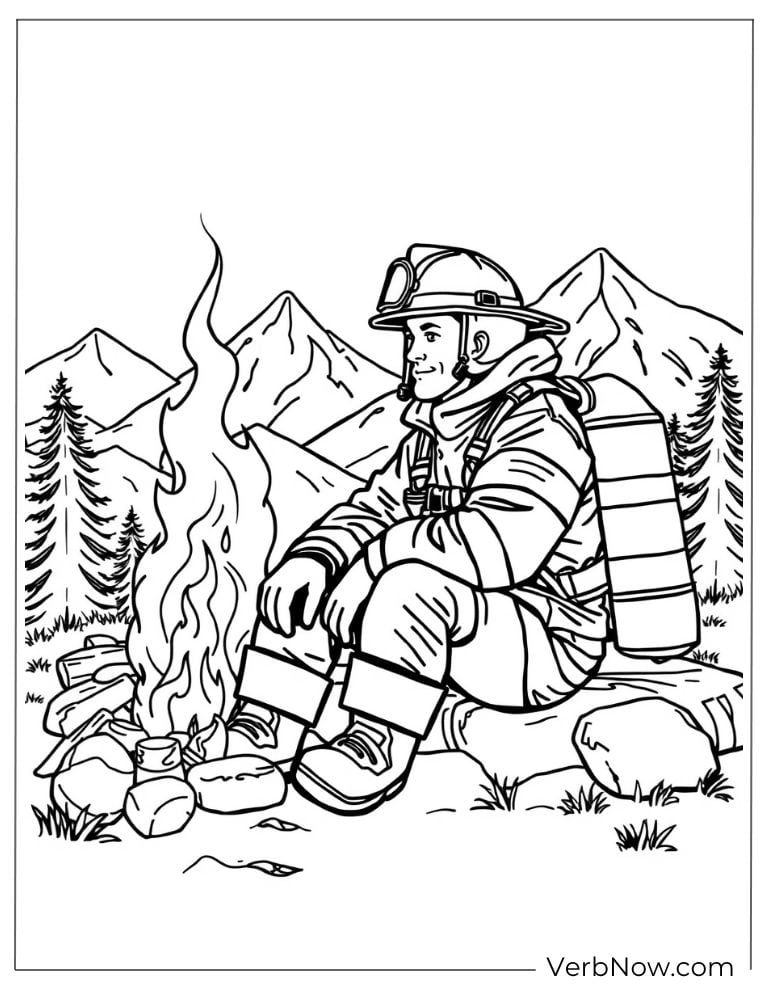 Fireman rests by a campfire in the mountains