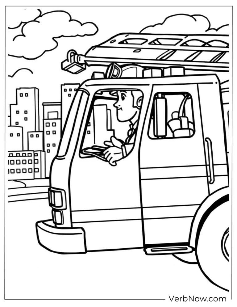 A fireman drives a fire truck through an urban street
