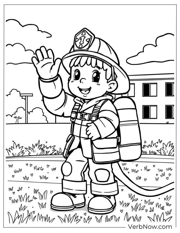 Chibi firefighter waves while walking on a grassy path