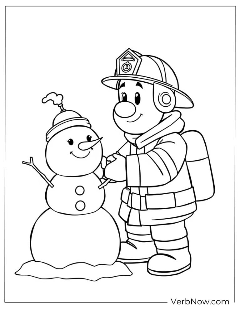 Fireman builds a snowman on a winter day