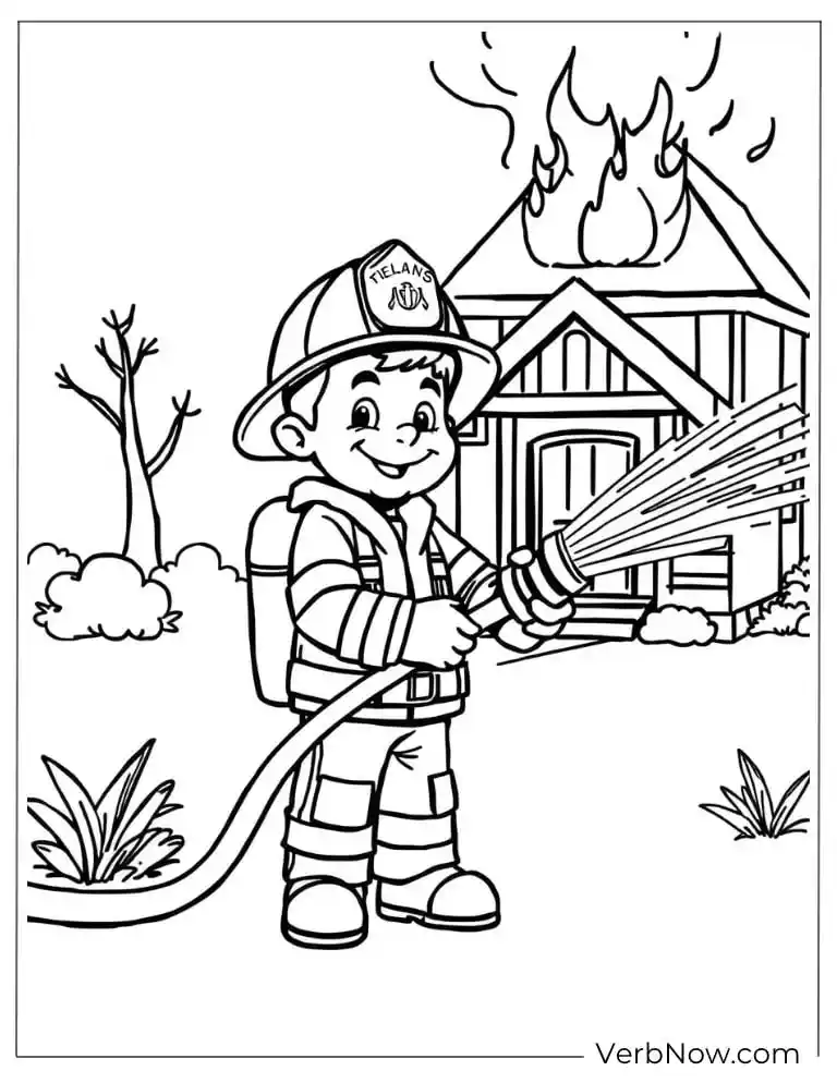 Young firefighter sprays water to stop a house fire