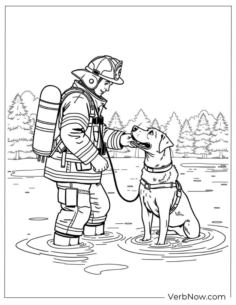 A firefighter kneels to greet a rescue dog near water