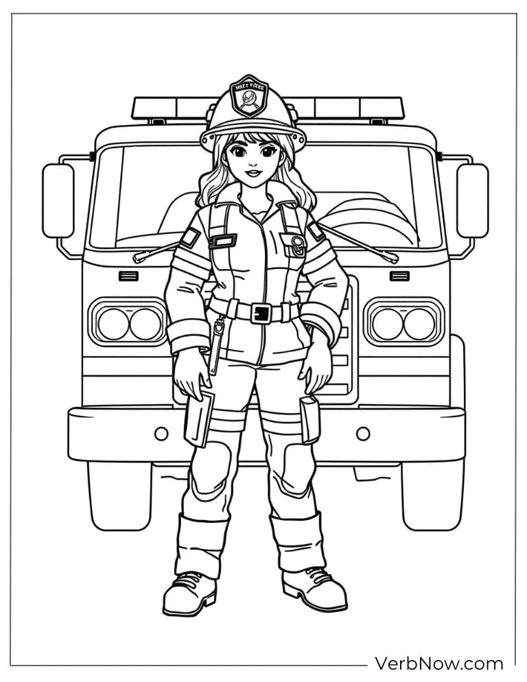 A female firefighter stands confidently in front of a fire truck