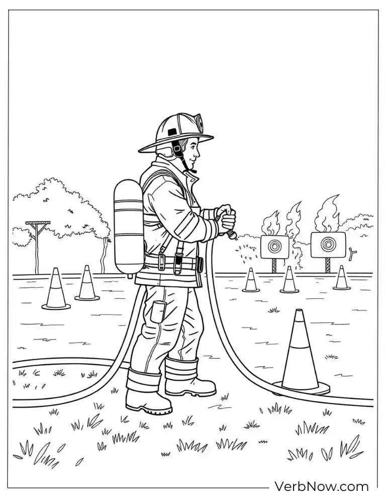 A firefighter practices putting out a training fire in a field