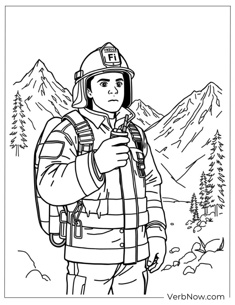 Mountain fireman stands ready with gear in a forest