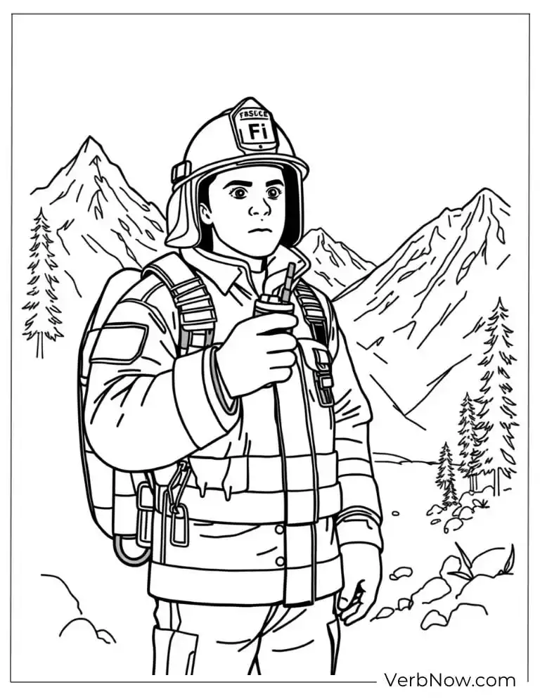 Mountain fireman stands ready with gear in a forest