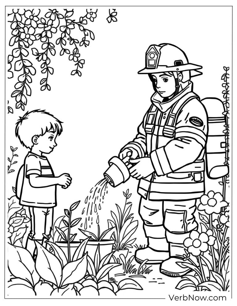 Fireman helps a child water flowers in a garden