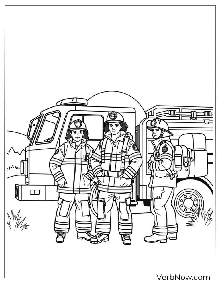Firefighters stand together proudly beside a fire truck