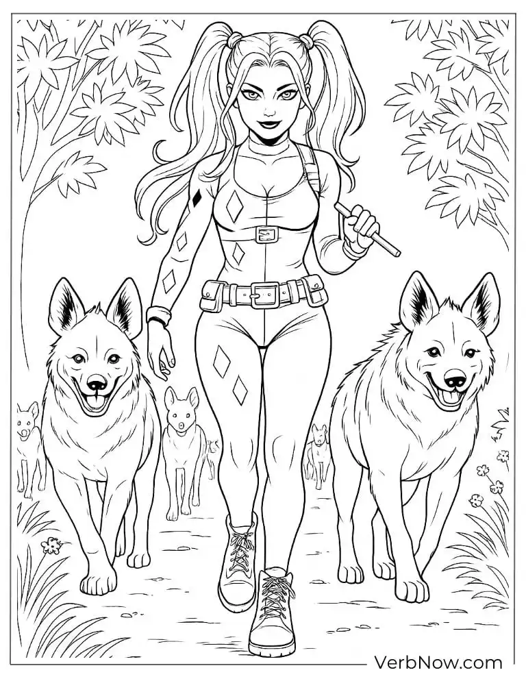 Harley walks with her two hyenas coloring page