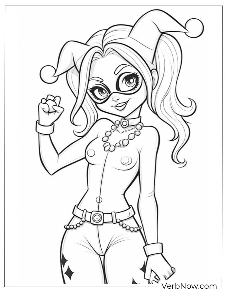 Coloring page of cute Harley in a jester hat