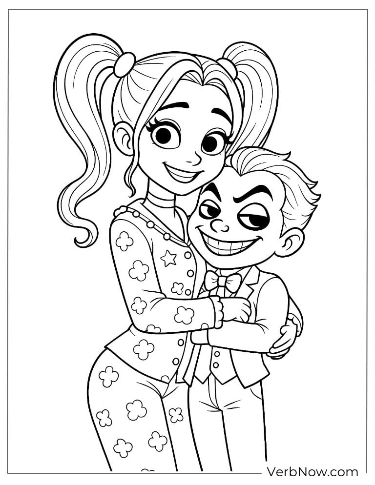 Harley hugs a mini Joker coloring page