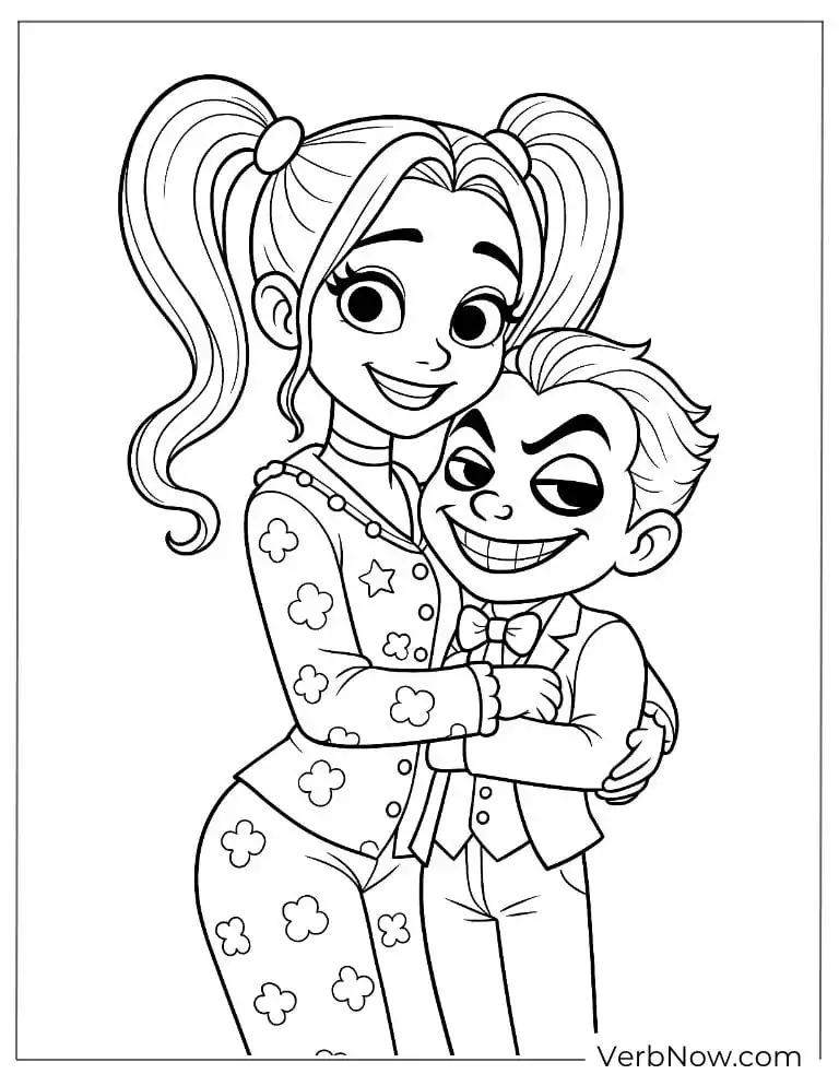 Harley hugs a mini Joker coloring page