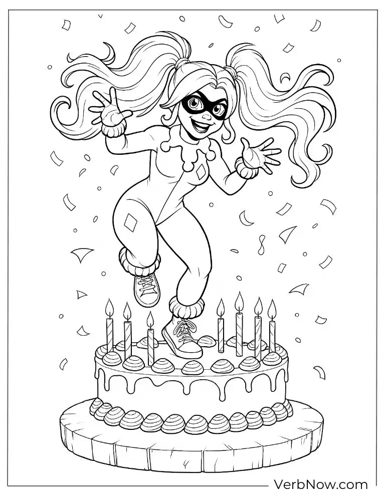 Harley jumps on a birthday cake coloring page