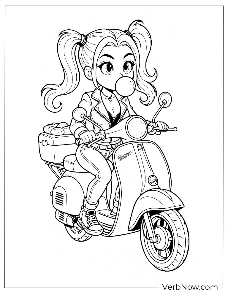 Harley rides a scooter blowing bubblegum