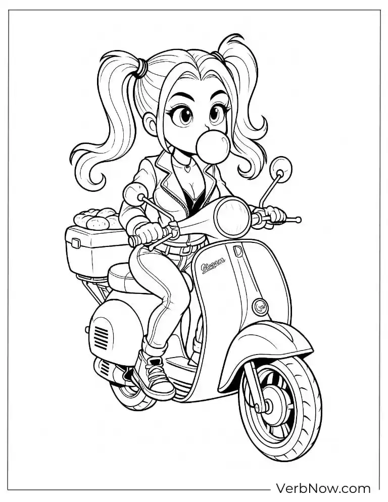 Harley rides a scooter blowing bubblegum