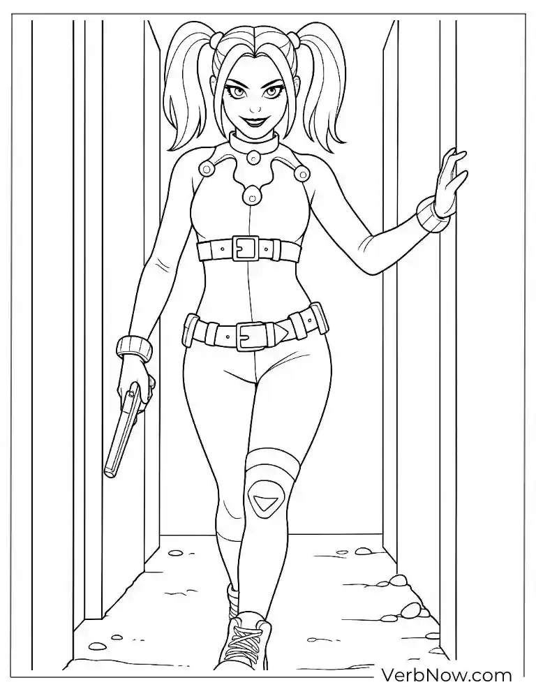 Harley struts confidently with a gun coloring page