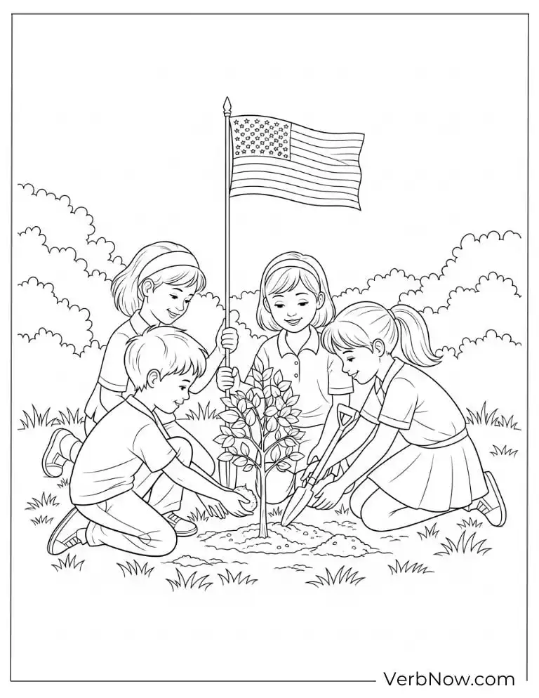 Children planting a tree under the American flag