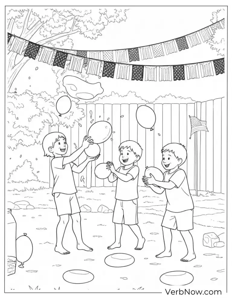 Coloring page of kids playing with balloons