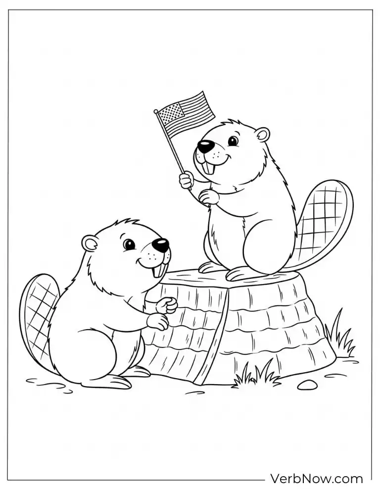 Two cute beavers waving the American flag