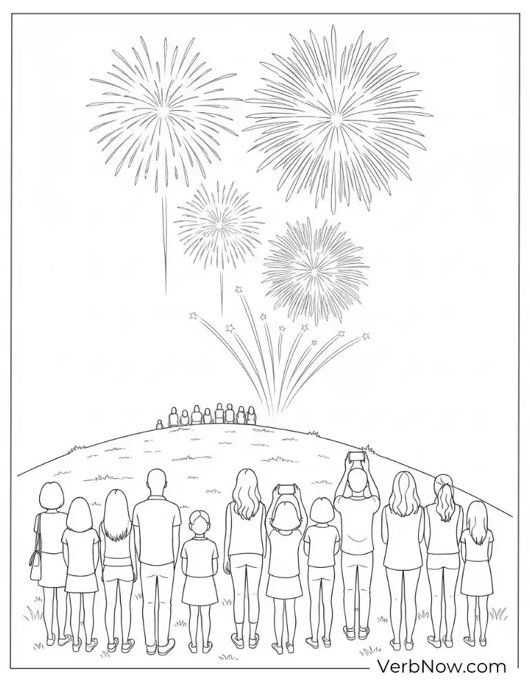 A crowd watching fireworks coloring page