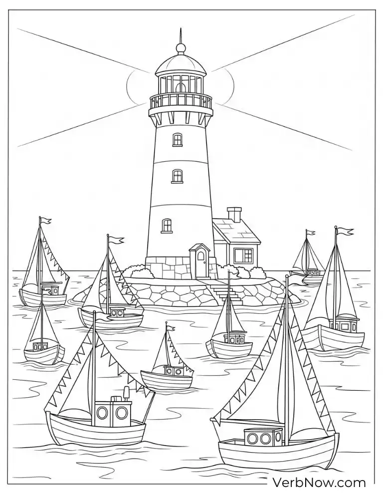 Boats sailing near a lighthouse coloring page