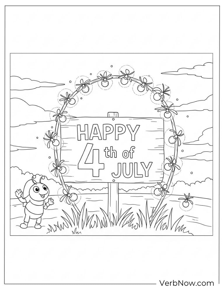 Coloring page of “Happy 4th of July” sign