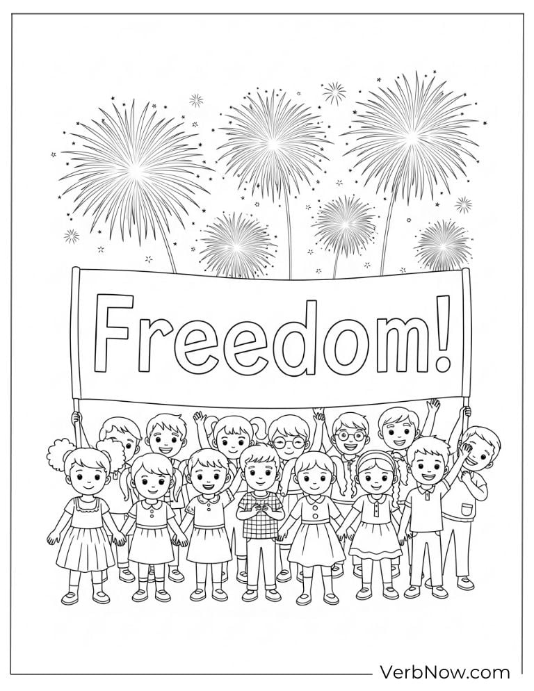 Children holding a “Freedom!” banner coloring page