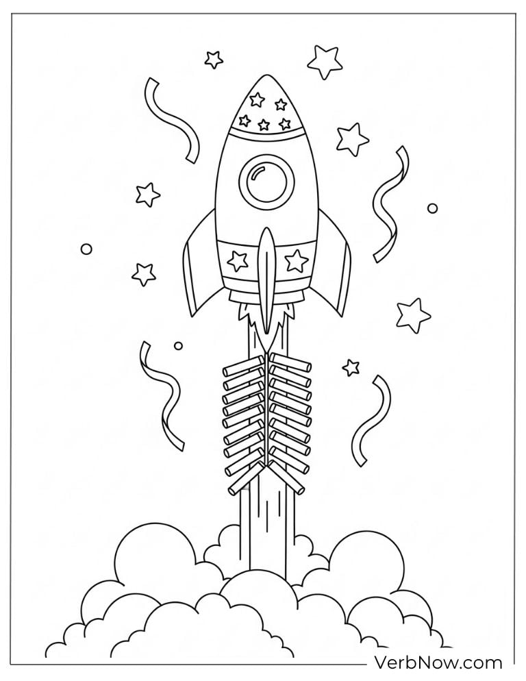 A rocket blasting off with stars and confetti