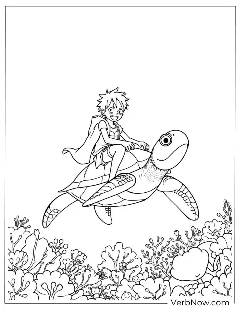 Luffy riding a sea turtle underwater among coral