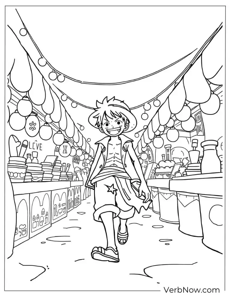 Luffy walking through a lively festival market
