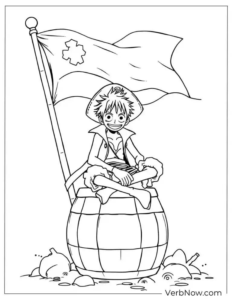 Luffy sitting on a barrel holding a flag