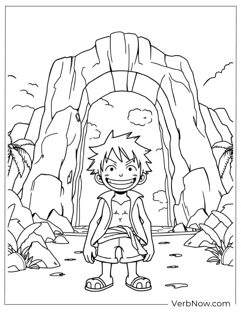 Coloring page of young Luffy in a jungle