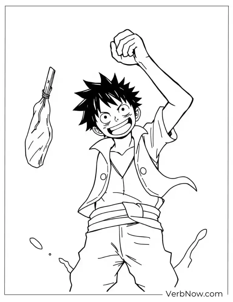 Luffy happily holding a large piece of meat