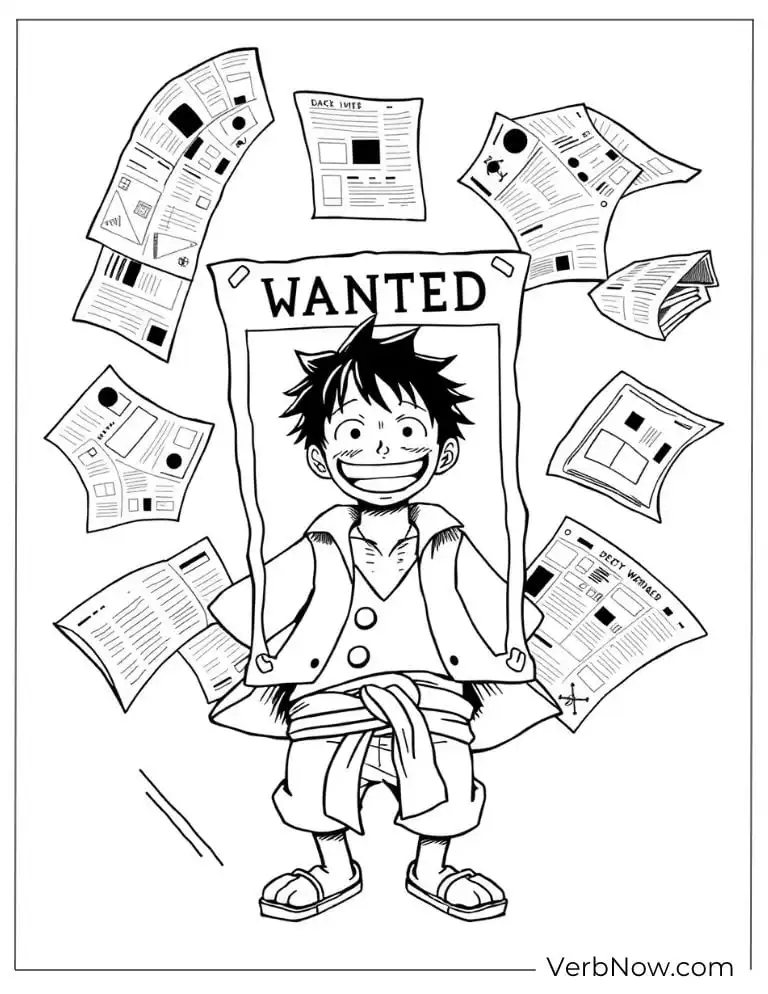 Luffy with a "WANTED" poster coloring page
