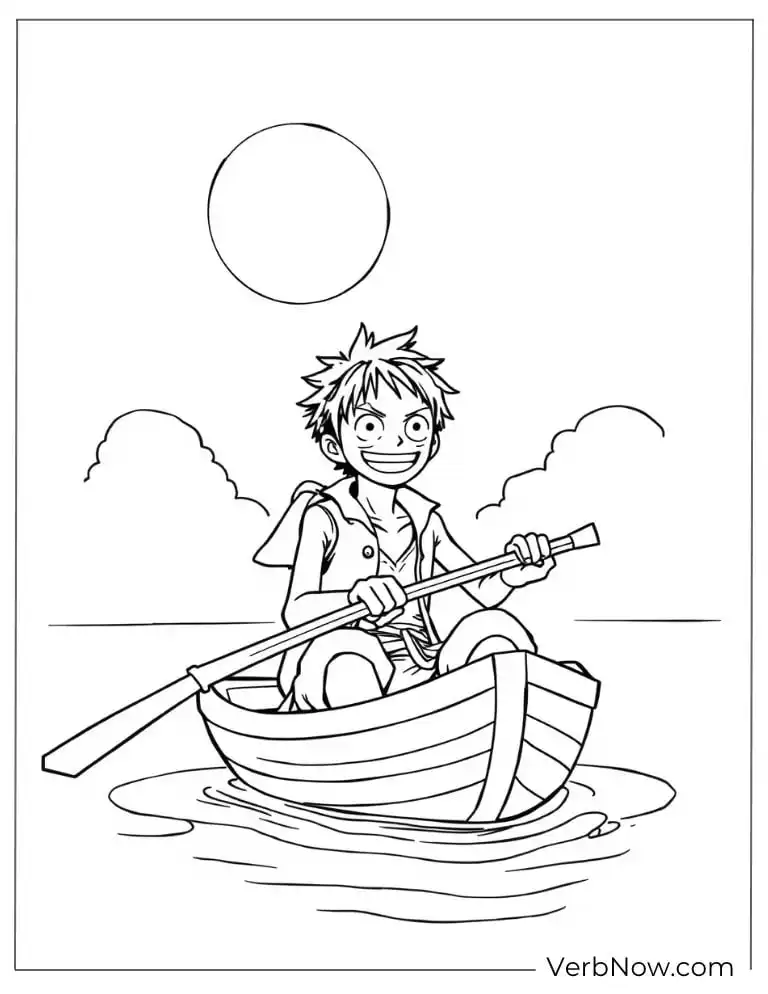 Luffy rowing a boat under a sunny sky