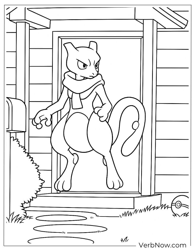 Mewtwo standing confidently at the entrance of a house