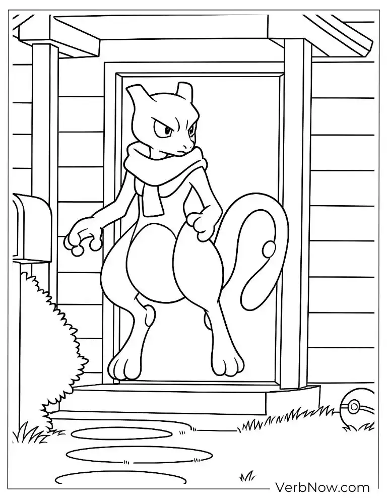 Mewtwo standing confidently at the entrance of a house
