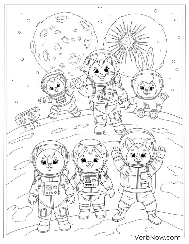 Cute animals in spacesuits explore the moon together