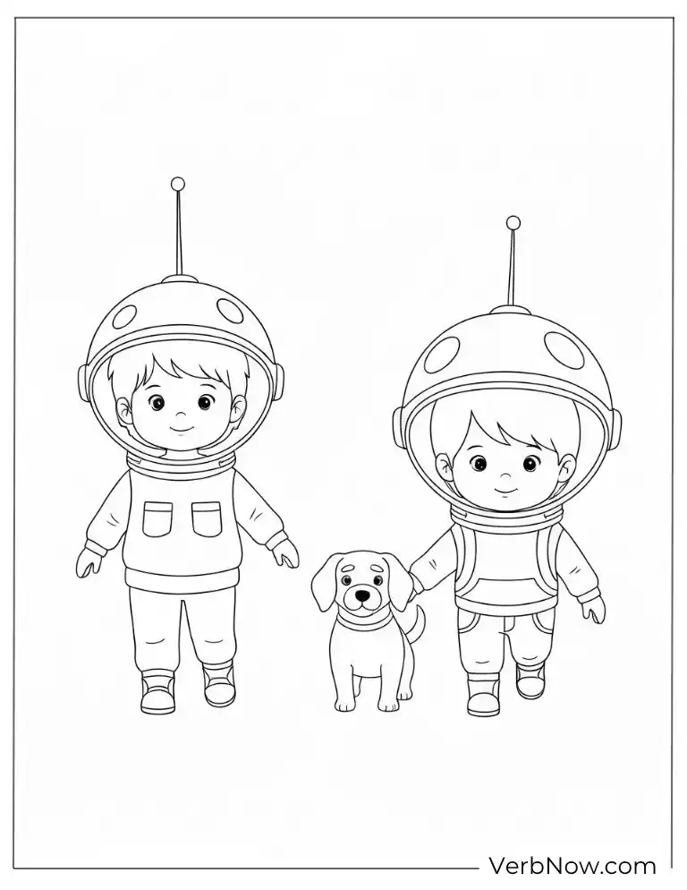 Kids with a puppy on a space adventure