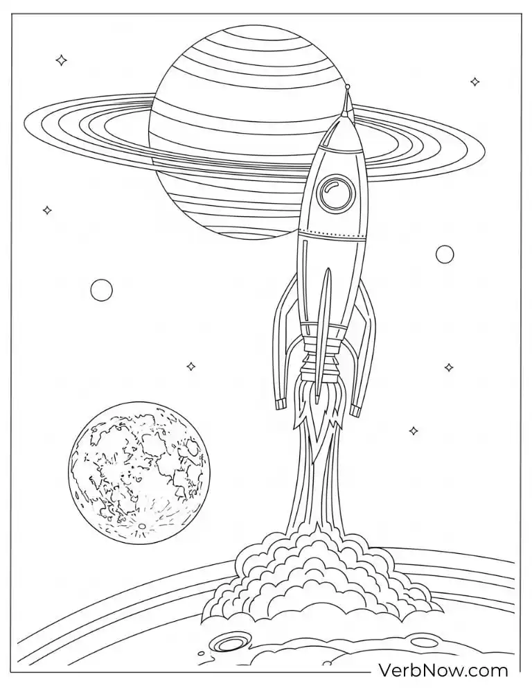 A rocket blasts off near the rings of Saturn