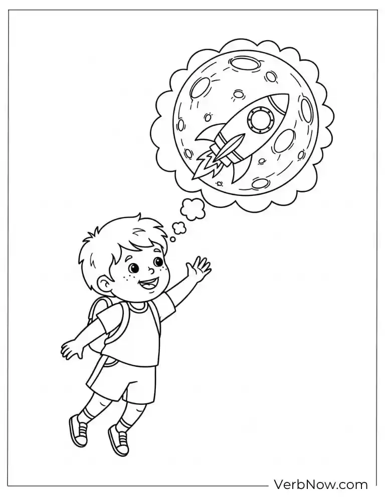 A child imagines flying to the moon in a rocket