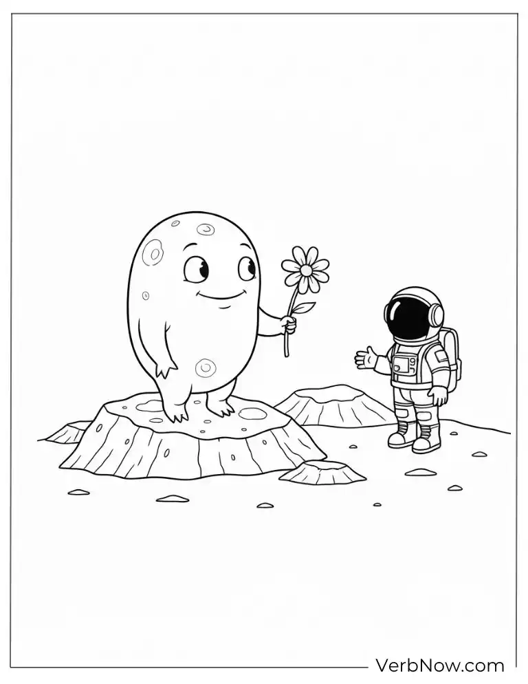 A friendly moon gives a flower to an astronaut