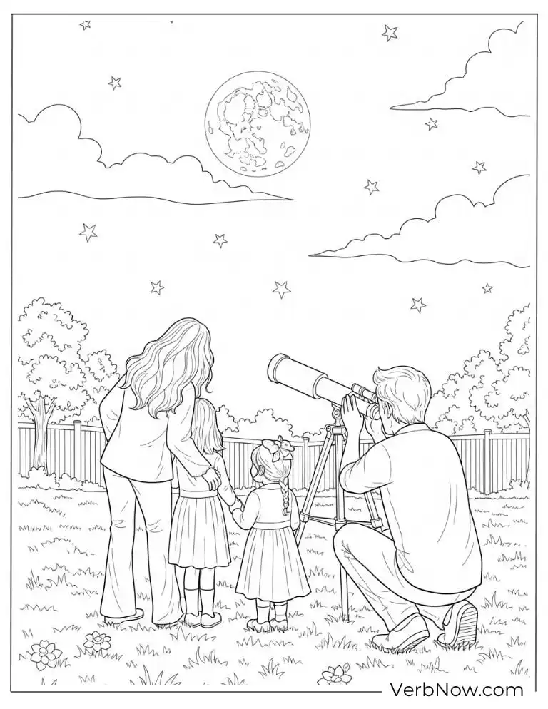 A family observes the full moon coloring page